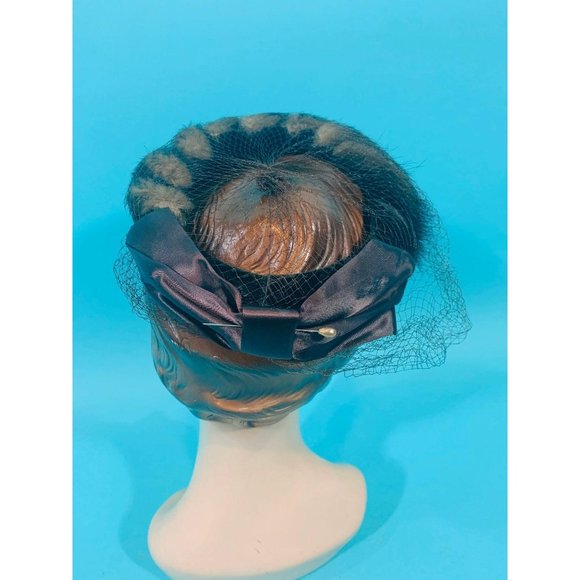 Vintage 1950s Fur Hat Brown Circle Veiled Cap - Picture 9 of 10